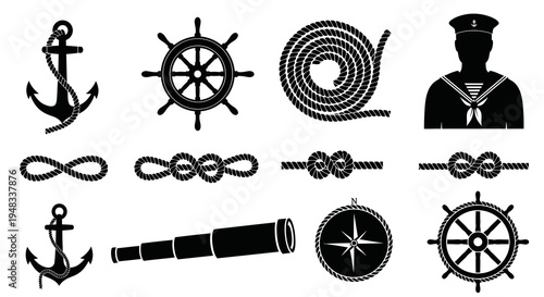 Nautical Icons: Anchor, Wheel, Compass, Rope, Sailor, Spyglass - Black  White Vector