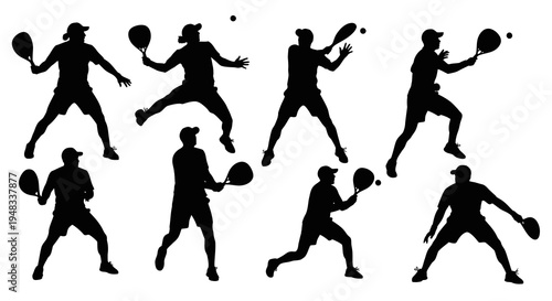 Silhouette of Tennis Players in Action, Black and White Sport Illustration