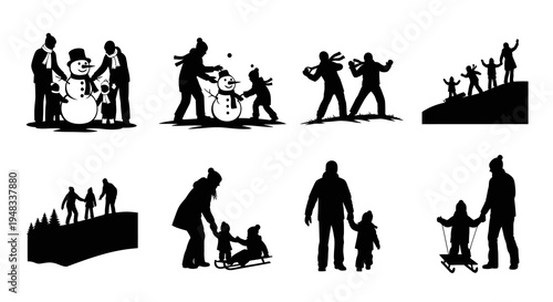 Winter Family Snow Activities Silhouettes - Black and White