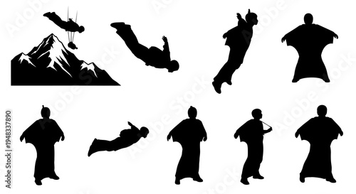Wingsuit Flying Silhouettes Black White Action Sports Icons Vector