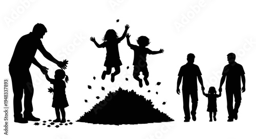 Black Silhouette Family Playing in Autumn Leaves, Flat Design