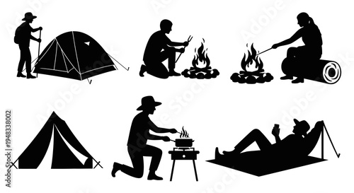 Camping Black and White Silhouettes Set, Outdoor Activity Icons