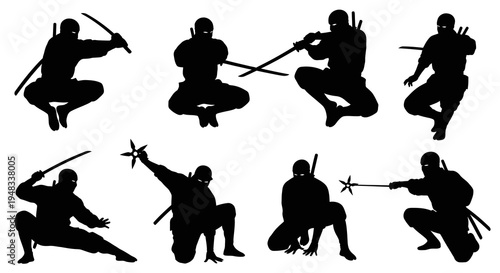 Silhouette Ninja Warriors with Swords and Shuriken, Black  White Action Art