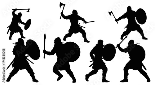 Viking Warriors Silhouettes Fighting with Axes Shields Spears