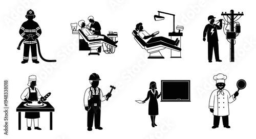 Professions Icons - Firefighter, Dentist, Electrician, Chef, Teacher, Builder
