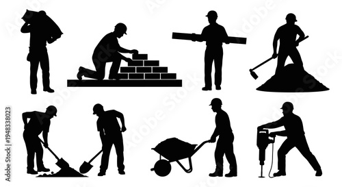 Construction workers silhouettes, industry, action, black and white