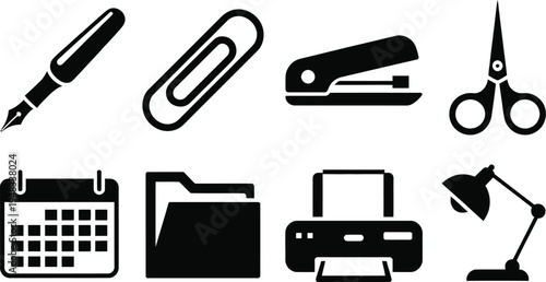 Office supplies and stationery icon set featuring fountain pen paper clip stapler scissors calendar file folder printer and desk lamp.