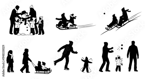Black  White Silhouette of People Enjoying Winter Activities