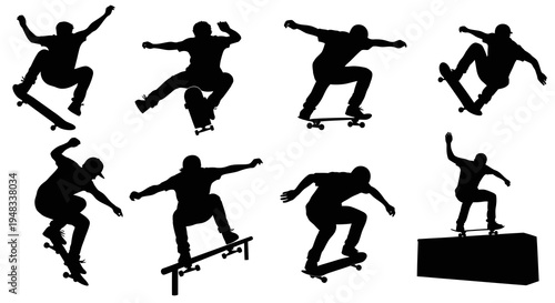 Black and White Silhouette Skateboarders Performing Tricks