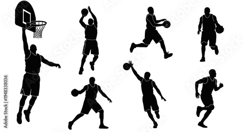 Black and White Silhouette Basketball Players in Action, Sports Vector Art