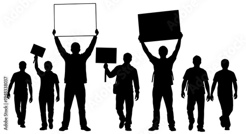 Silhouette of protestor crowd holding blank signs, black and white vector