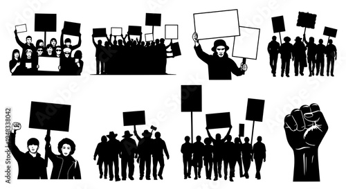 Protestors holding signs, protest crowd, fist, protest art style