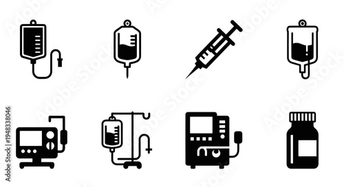 Medical Icons: IV Drip, Syringe, Ventilator, Medicine Bottle, Black  White Glyph