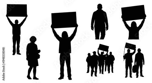 Black Silhouette of Protesters Holding Signs and Flags on White Background