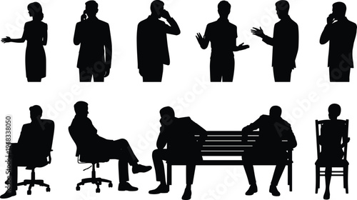 Black silhouette icons of people standing and sitting in diverse postures, symbolizing communication, social interaction, teamwork, and professional behavior for design and creative projects.