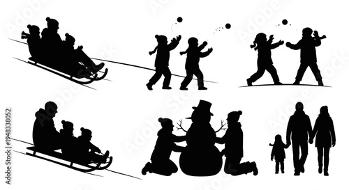 Winter Family Activities Silhouette - Sledding, Snowball Fight, Snowman