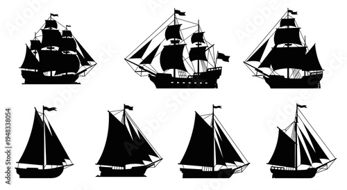 Silhouette of sailing ships and galleons, vector illustration