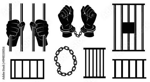 Black  White Silhouette Icons: Prison Bars, Handcuffs, Chain, Jail