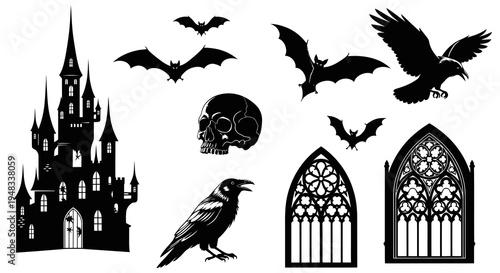 Gothic Halloween Vector Icons: Castle, Bats, Skull, Raven, Windows