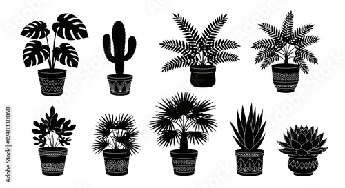Black and White Silhouette Potted Houseplants Vector Art