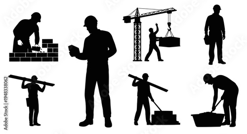 Construction workers silhouette, crane, bricks, materials, DIY