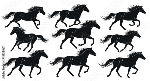 Black Horse Silhouettes Running Vector Art, Animal Illustration
