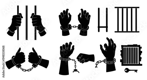 Black and White Illustration of Shackled Hands and Prison Bars