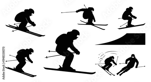 Skiing Silhouettes: Action Sports Vector Illustrations for Winter Adventure