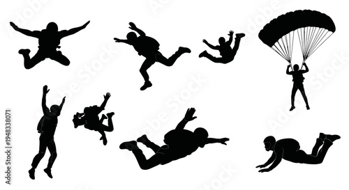 Skydiver Silhouettes: Freefall and Parachute Jump Vector Icons