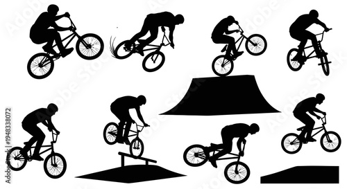 Black and white silhouette of BMX riders performing stunts on bikes and ramps