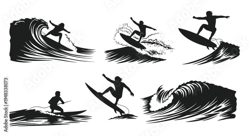 Black Silhouette Surfers Riding Waves, Vector Art, Action Sports