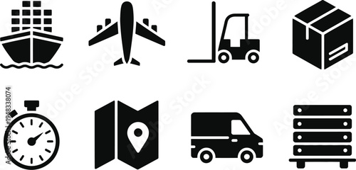 Logistics and transportation icon set featuring cargo ship airplane forklift delivery box stopwatch map location pin van and warehouse pallet.