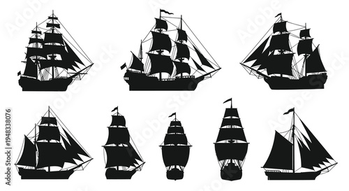 Silhouette Sailboats Set, Vintage Nautical Ships Vector Icons