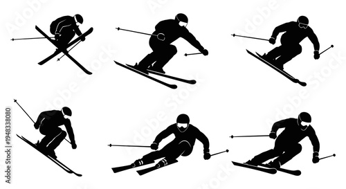 Black and White Silhouettes of Skiers in Various Poses, Sports Vector