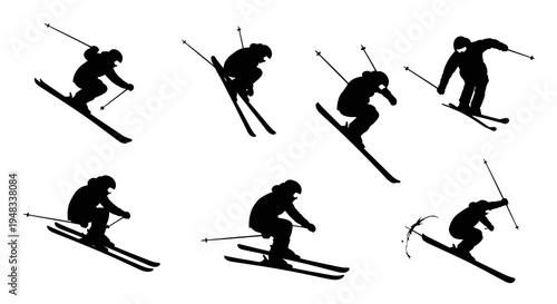 Skiing Silhouette Vector Graphics: Action Poses of Skier