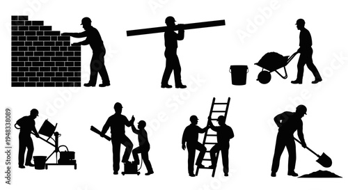 Construction workers silhouettes, bricklaying, wheelbarrow, ladder, wood