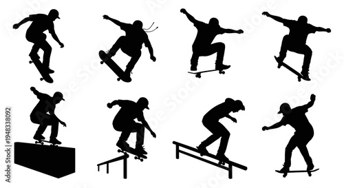 Skateboarder Silhouettes: Dynamic Action Sports Vector Art