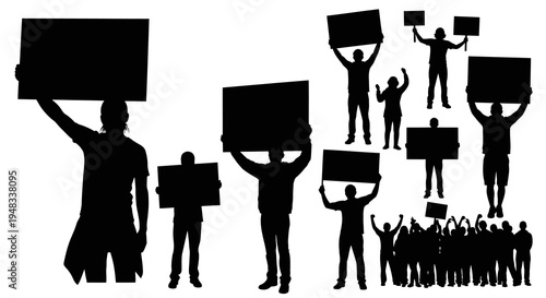 Silhouette of Protesters Holding Signs, Black and White Stock Illustration
