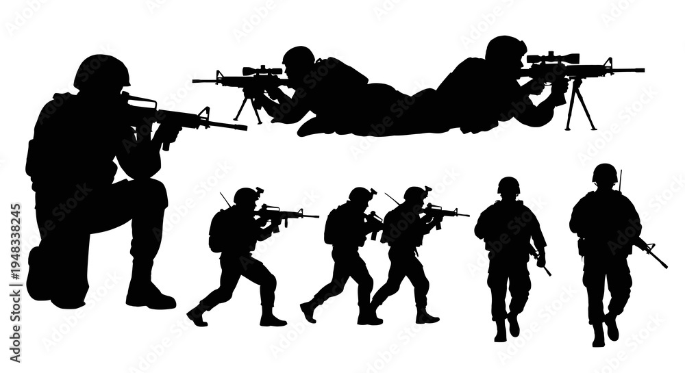 Naklejka premium Black Silhouette Soldiers with Rifles, Military Action Poses, Vector Art