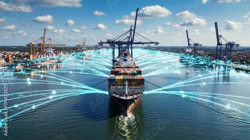 Cargo ship navigating through a busy port with digital connections and cranes in the background, representing global trade and logistics