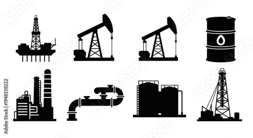 Oil and Gas Industry Icons: Pumpjack, Rig, Refinery, Barrel, Pipeline, Silos