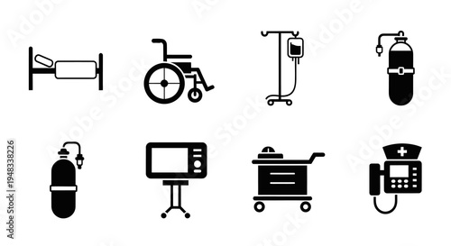 Medical Equipment Icons: Bed, Wheelchair, IV Drip, Oxygen Tank, Monitor, Cart, Defibrillator