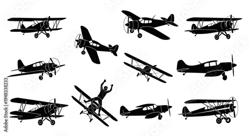 Vintage Biplane Airplanes and Stunt Pilot Silhouettes Black and White Vector Art
