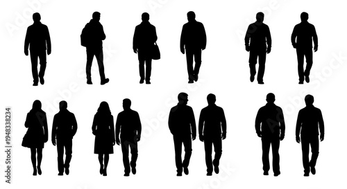 Black Silhouette People Walking, Business, Casual, Front, Side Views