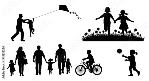 Black and White Silhouette Family and Kids Playing Outdoors with Kite and Bike