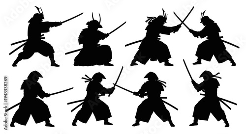 Samurai Warriors Silhouettes in Combat Poses, Japanese Culture Art