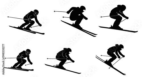 Black  White Silhouette Skiers in Action Poses, Winter Sports Vector Art