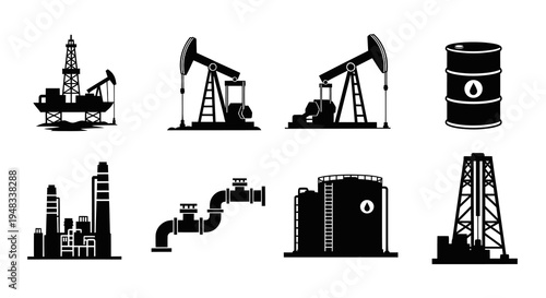 Oil Industry Icons: Rigs, Pumpjacks, Barrel, Factory, Pipes, Tower
