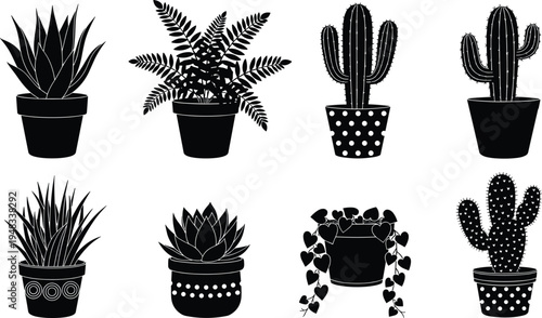Potted houseplant silhouettes collection, cactus succulent and tropical indoor plants in decorative pots, minimal botanical vector set for home decor design