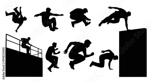 Black Silhouette Parkour Athletes Jumping Over Obstacles White Background